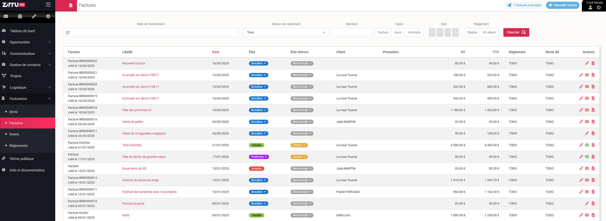 Gestion des facture sur CRM évènementiel Zirru