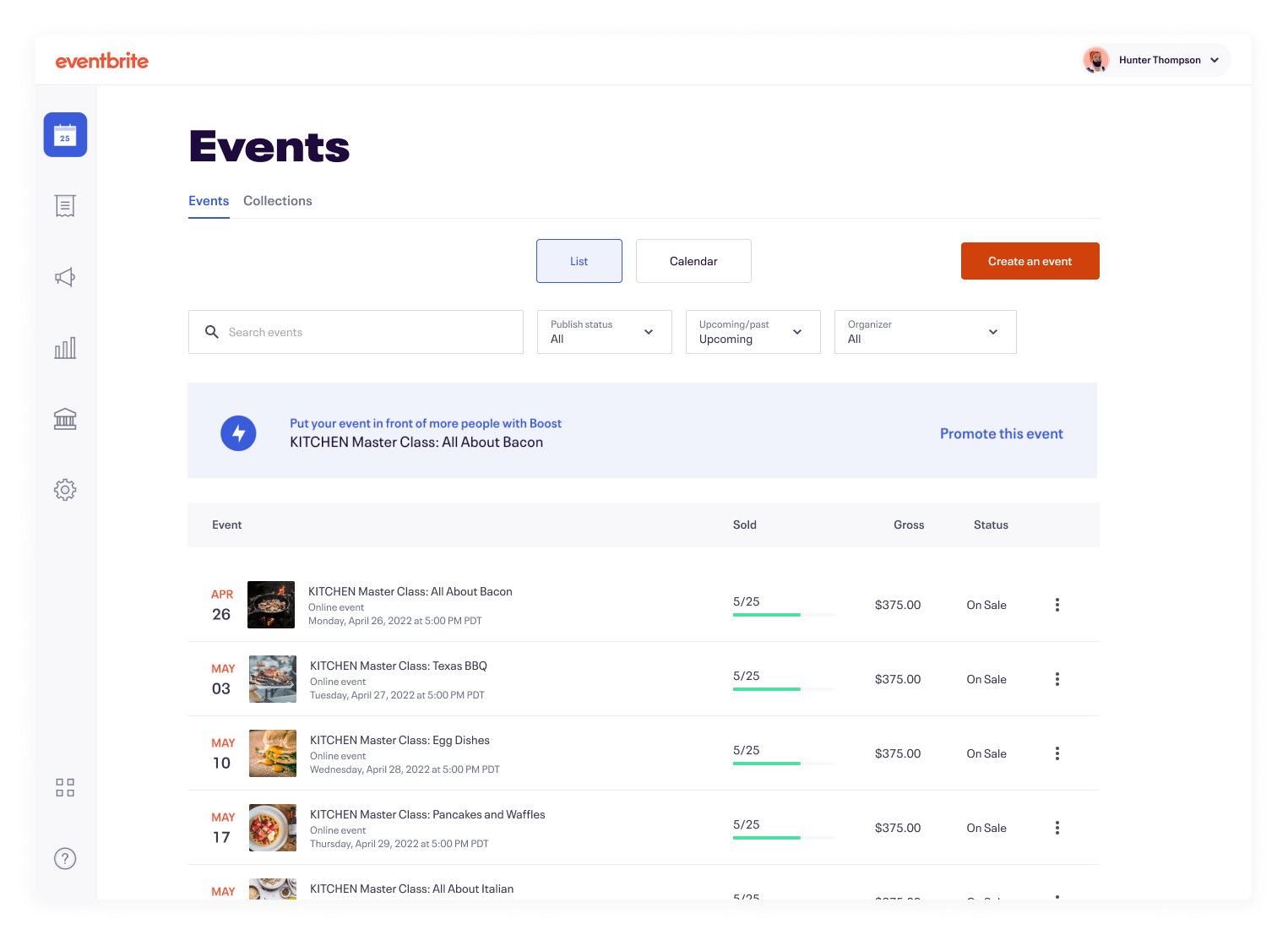 Interface de Eventbrite